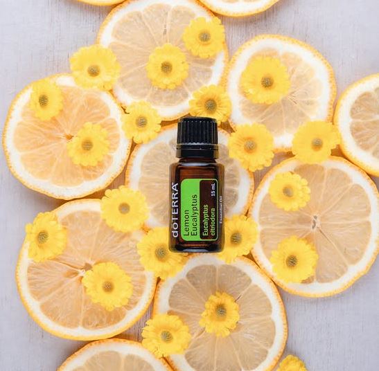 a bottle of lemon oil on top of lemon slices