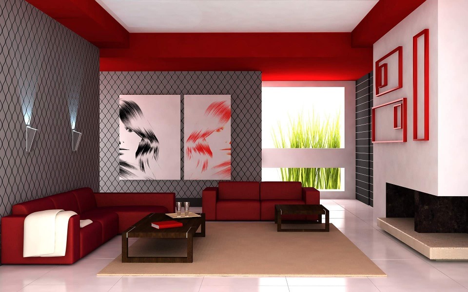 A modern living room design with red, black and white color scheme