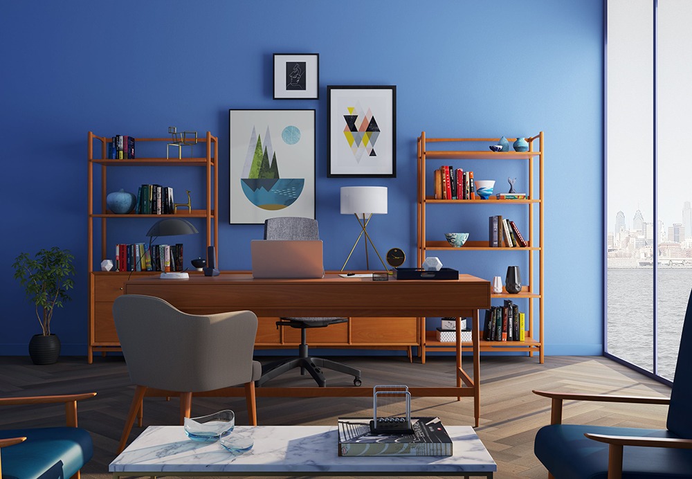 Home office with a blue wall
