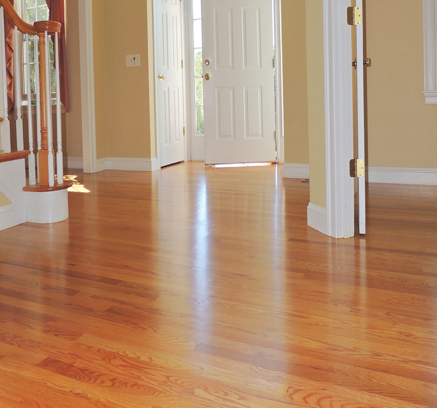 A home interior with hardwood floor