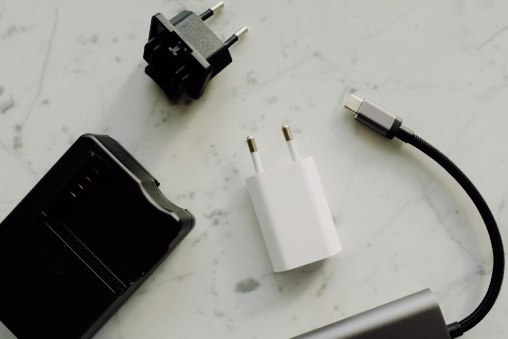 an adopter, a charger, and a USB Type-C cable 