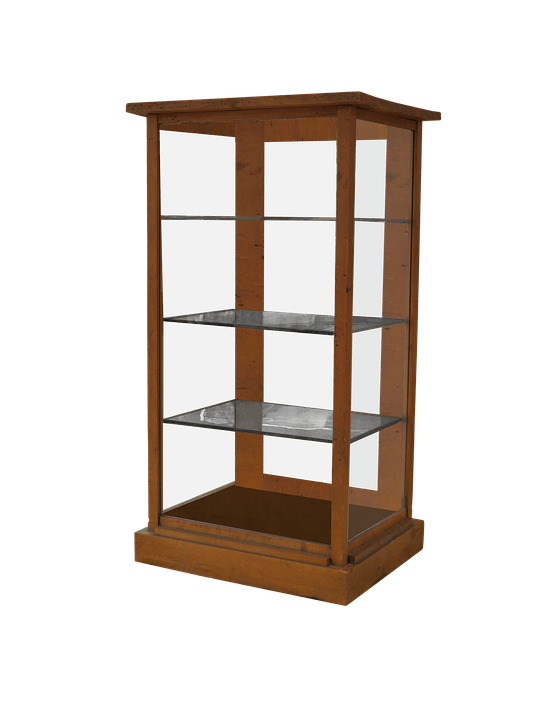 Glass and wood cabinet. 