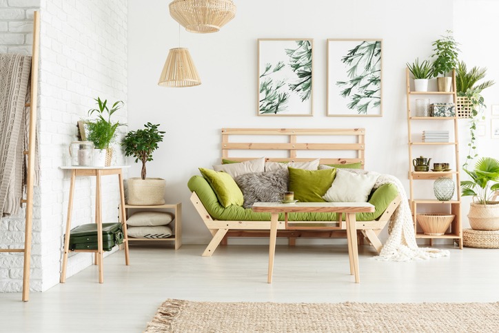 A bright and airy living room decorated with plants on the shelves and tables