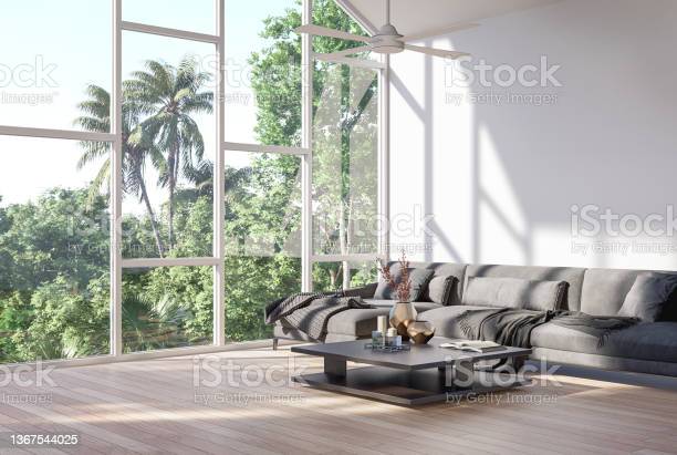 A modern contemporary living room with vinyl floors