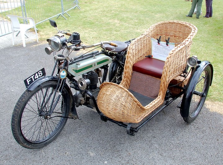 Triumph Model H motorcycle with wicker sidecar
