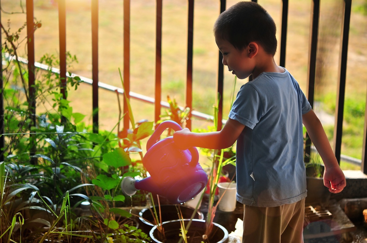 a child watering plants in the garden